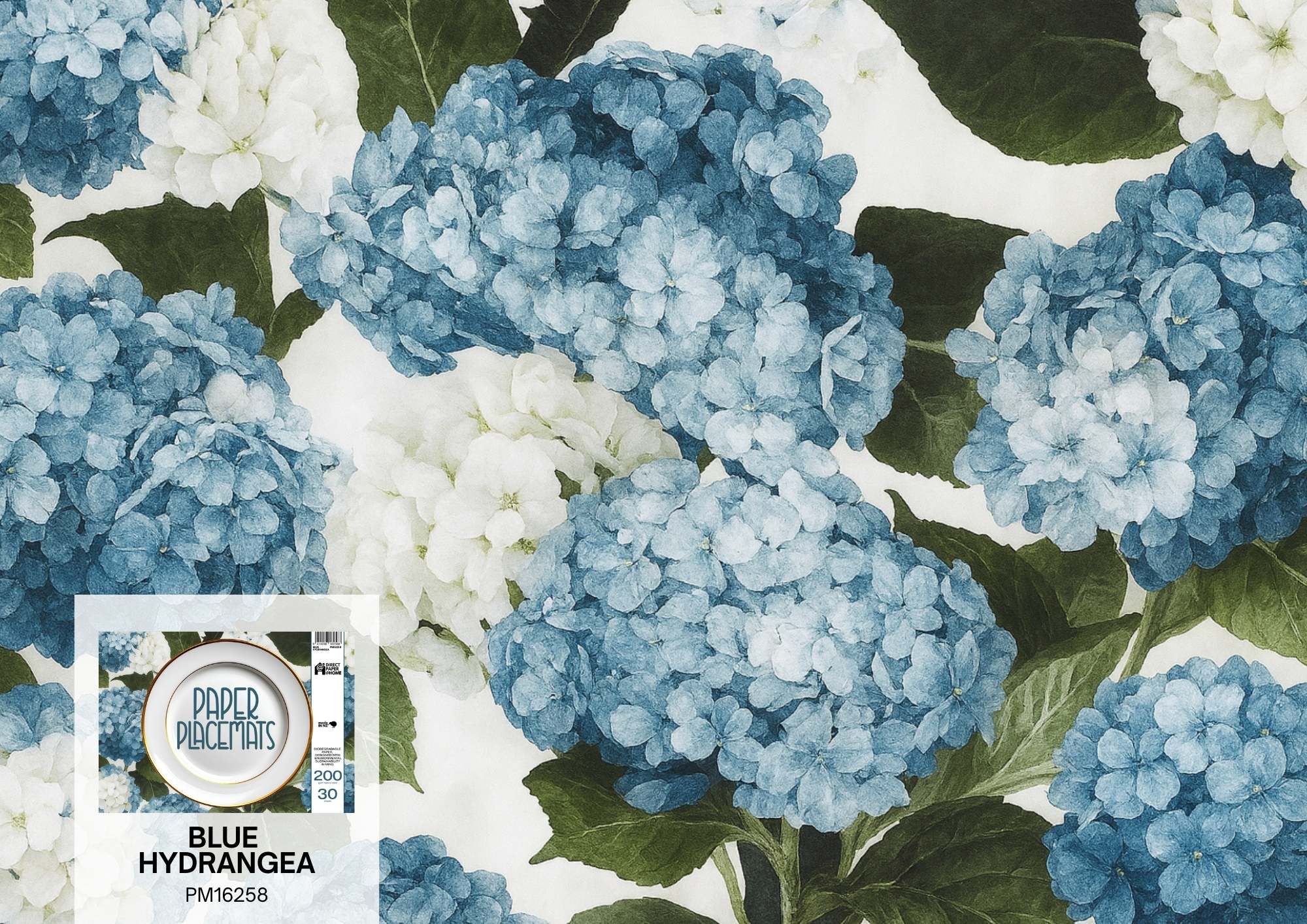 Paper Placemat Blue Hydrangea 30PK