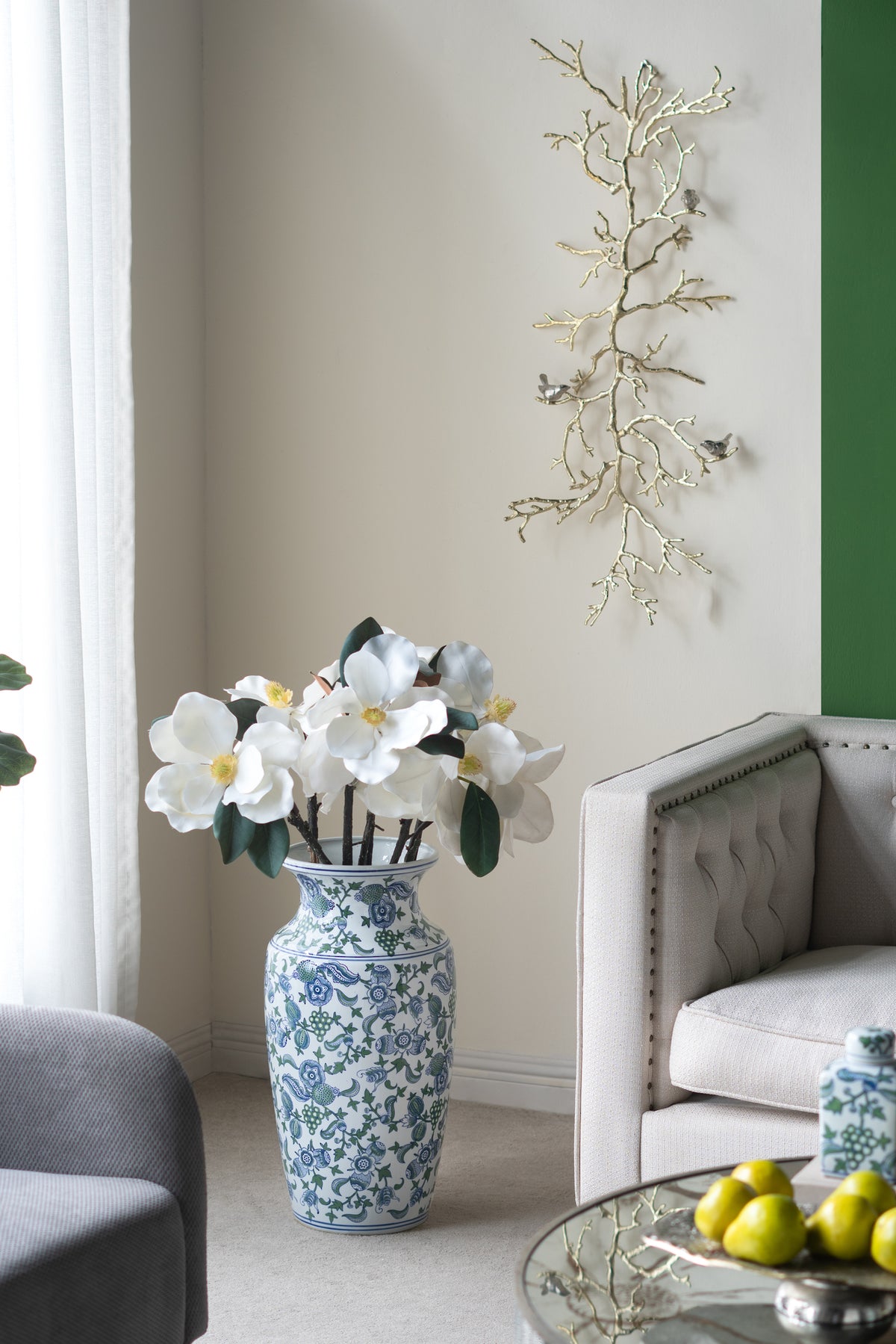 Cherry Blossom Vase Blue, White & Green 61cm