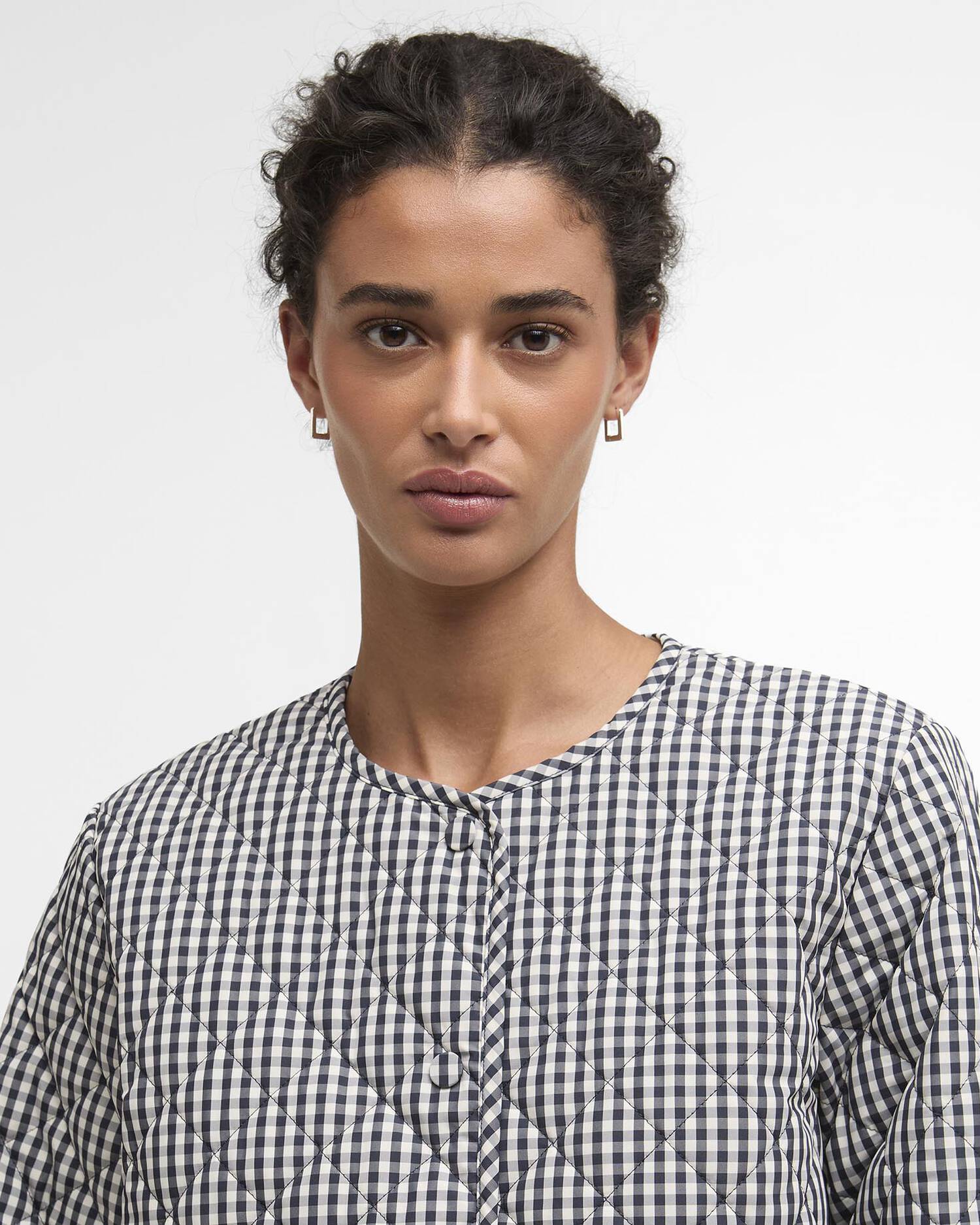 Barbour Cashel Check Collarless Quilted Jacket Navy Gingham/Dark Navy