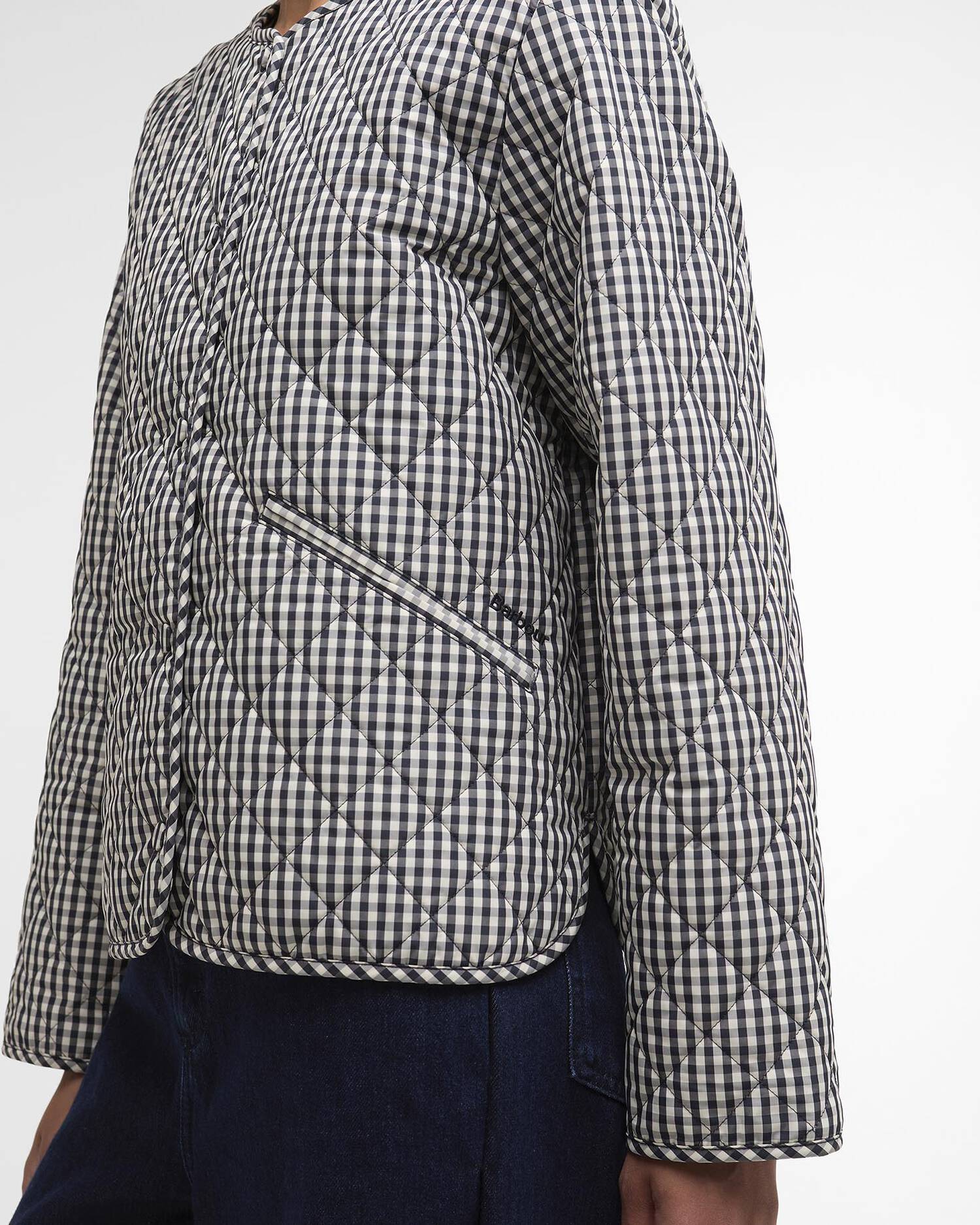 Barbour Cashel Check Collarless Quilted Jacket Navy Gingham/Dark Navy