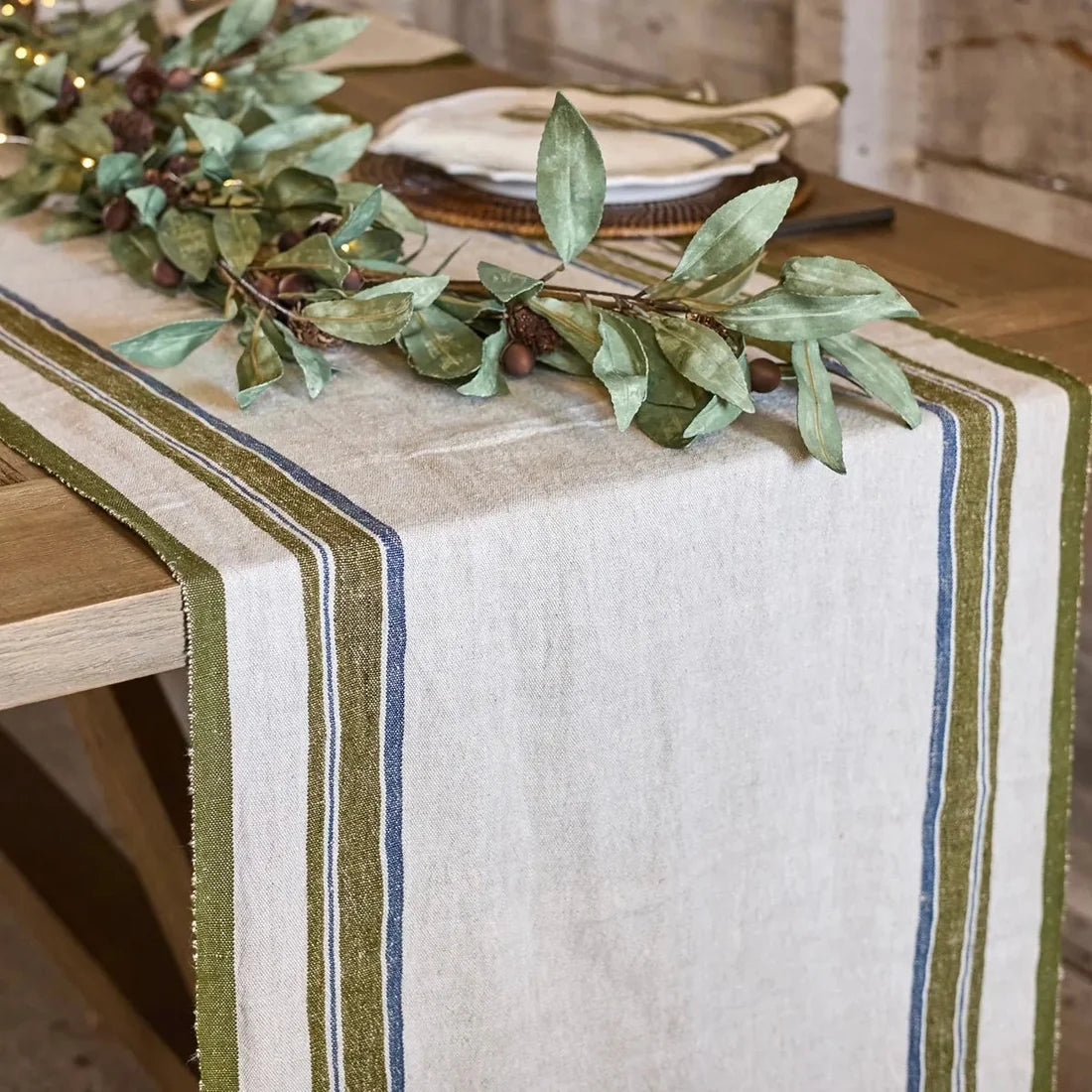 Green Selvedge Stripe Linen Table Runner
