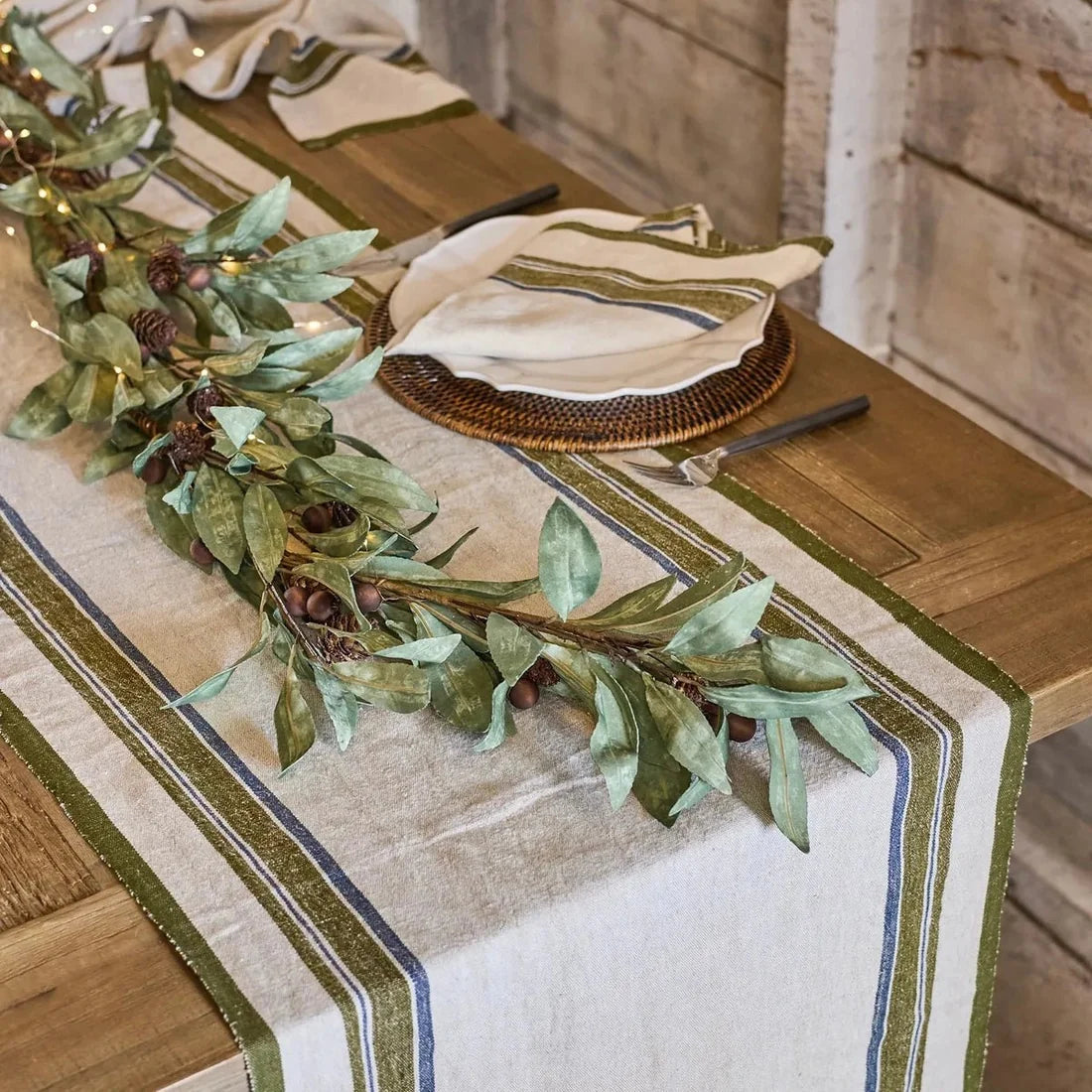 Green Selvedge Stripe Linen Table Runner